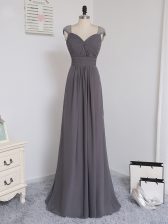 Modern Cap Sleeves Brush Train Zipper Lace and Ruching Quinceanera Court Dresses