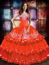  Floor Length Orange Red 15 Quinceanera Dress Taffeta Sleeveless Embroidery and Ruffled Layers