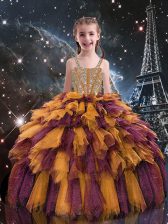  Orange Lace Up Straps Beading and Ruffles Little Girls Pageant Dress Wholesale Tulle Sleeveless