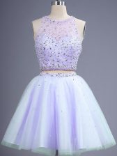 Glittering Knee Length Lavender Court Dresses for Sweet 16 Tulle Sleeveless Beading