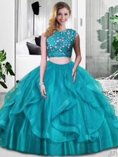 Enchanting Teal Zipper Scoop Lace and Embroidery and Ruffles Vestidos de Quinceanera Tulle Sleeveless