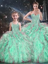 Glorious Turquoise Ball Gowns Beading and Ruffles Quinceanera Dresses Lace Up Organza Sleeveless Floor Length