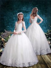 Eye-catching Floor Length White Flower Girl Dresses Tulle 3 4 Length Sleeve Lace