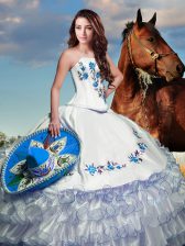 Most Popular White Square Neckline Embroidery and Ruffled Layers Quinceanera Gowns Sleeveless Lace Up