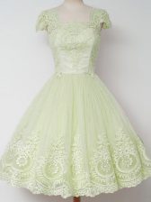 Shining Square Cap Sleeves Court Dresses for Sweet 16 Knee Length Lace Yellow Green Tulle