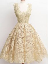 Glittering A-line Dama Dress for Quinceanera Champagne Straps Lace Sleeveless Knee Length Zipper