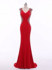  Red Sleeveless Brush Train Beading Evening Dress