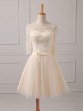 Champagne Half Sleeves Tulle Lace Up Court Dresses for Sweet 16 for Prom and Party and Wedding Party