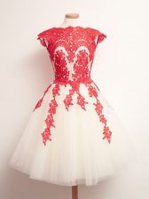 Ideal Tulle Scalloped Sleeveless Lace Up Appliques Quinceanera Dama Dress in White And Red 