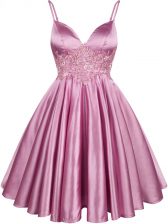 Spaghetti Straps Sleeveless Quinceanera Court of Honor Dress Knee Length Lace Lilac Elastic Woven Satin