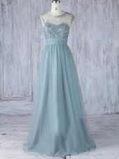 Sumptuous Grey Cap Sleeves Tulle Zipper Dama Dress for Quinceanera for Prom and Party and Wedding Party