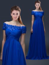  Empire Evening Dress Blue Off The Shoulder Chiffon Short Sleeves Floor Length Lace Up