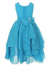 Hot Sale Aqua Blue Scoop Neckline Ruffles and Bowknot Kids Pageant Dress Sleeveless Zipper