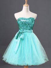 Custom Made Aqua Blue Tulle Zipper Evening Dress Sleeveless Mini Length Sequins