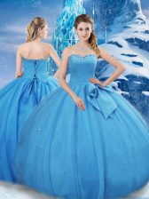  Baby Blue Tulle Lace Up Sweetheart Sleeveless Floor Length Sweet 16 Dress Bowknot