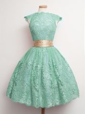 High Class Belt Vestidos de Damas Turquoise Lace Up Cap Sleeves Knee Length