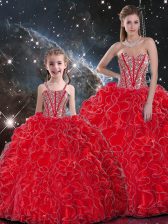  Wine Red Ball Gowns Organza Sweetheart Sleeveless Beading and Ruffles Floor Length Lace Up Ball Gown Prom Dress