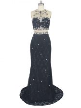  Black Sleeveless Brush Train Beading and Lace Prom Dress