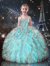 High Class Floor Length Lace Up Little Girls Pageant Dress Wholesale Aqua Blue for Quinceanera and Wedding Party with Beading and Ruffles