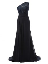 Hot Sale One Shoulder Sleeveless Brush Train Side Zipper Quinceanera Court Dresses Black Chiffon