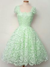 Deluxe Apple Green Straps Neckline Lace Quinceanera Dama Dress Cap Sleeves Lace Up