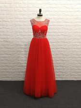 Sumptuous Red Backless Prom Gown Beading Sleeveless Floor Length