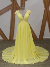  Lace and Appliques Prom Party Dress Yellow Zipper Short Sleeves Brush Train