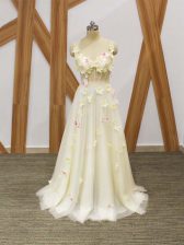  Champagne Empire Tulle Straps Sleeveless Hand Made Flower Floor Length Lace Up Dress for Prom