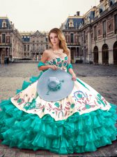 Sexy Turquoise Sweetheart Lace Up Embroidery and Ruffled Layers Quinceanera Gowns Sleeveless