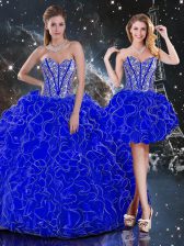 Simple Sleeveless Organza Floor Length Lace Up Quinceanera Gown in Royal Blue with Beading and Ruffles