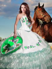  White Organza Lace Up 15th Birthday Dress Sleeveless Floor Length Embroidery and Ruffled Layers