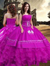 Exceptional Fuchsia Ball Gowns Embroidery and Ruffled Layers 15th Birthday Dress Zipper Taffeta Sleeveless Floor Length