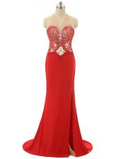  Red Prom Dress Chiffon Brush Train Sleeveless Beading