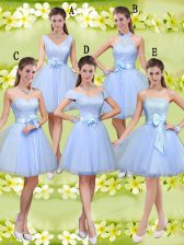  Lavender A-line V-neck Sleeveless Tulle Knee Length Lace Up Lace and Belt Damas Dress