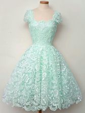 Traditional A-line Dama Dress Apple Green Straps Lace Cap Sleeves Knee Length Lace Up