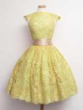  Knee Length Gold Damas Dress High-neck Cap Sleeves Lace Up