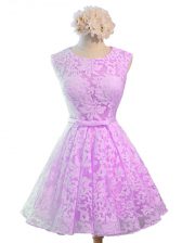  Knee Length Lace Up Dama Dress Lilac for Prom and Party and Wedding Party with Belt