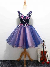 Adorable V-neck Sleeveless Dress for Prom Mini Length Lace and Appliques and Hand Made Flower Multi-color Organza