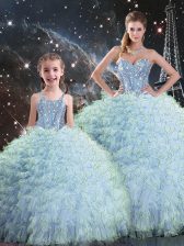 Exceptional Aqua Blue Sweetheart Neckline Beading and Ruffles 15th Birthday Dress Sleeveless Lace Up