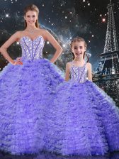  Sweetheart Sleeveless Tulle Quinceanera Dresses Beading and Ruffles Lace Up