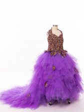  Sleeveless Ruffles Lace Up Little Girls Pageant Dress Wholesale with Eggplant Purple Court Train