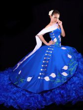 Lovely Royal Blue Sleeveless Organza Brush Train Lace Up Quinceanera Dresses for Military Ball and Sweet 16 and Quinceanera
