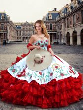 Graceful White And Red Sweetheart Lace Up Embroidery and Ruffled Layers Quince Ball Gowns Sleeveless