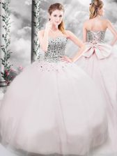 Eye-catching Tulle Sleeveless Ball Gown Prom Dress Brush Train and Beading and Bowknot