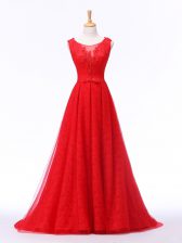 Ideal Scoop Sleeveless Tulle Homecoming Dress Lace and Appliques and Belt Brush Train Lace Up
