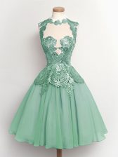 Super Knee Length Light Blue Dama Dress for Quinceanera High-neck Sleeveless Lace Up