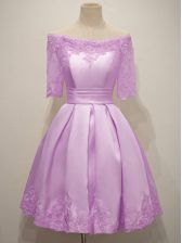 Fancy A-line Dama Dress for Quinceanera Lilac Off The Shoulder Taffeta Half Sleeves Knee Length Lace Up