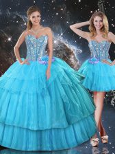  Aqua Blue Ball Gowns Organza Sweetheart Sleeveless Ruffled Layers and Sequins Floor Length Lace Up Quinceanera Dresses