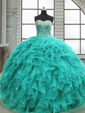  Floor Length Lace Up 15 Quinceanera Dress Turquoise for Military Ball and Sweet 16 and Quinceanera with Beading and Ruffles