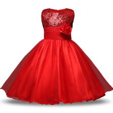 Exceptional Sleeveless Organza and Sequined Knee Length Zipper Toddler Flower Girl Dress in Red with Bowknot and Belt and Hand Made Flower